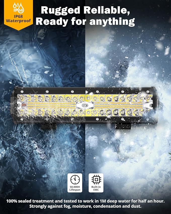 Auxbeam 6 Modes Amber White Series 12 Inch 300W LED Light Bar Dual Color Strobe Function Spot Flood Combo Beam Flashing LED Offroad Light for Pickup Truck Car Jeep