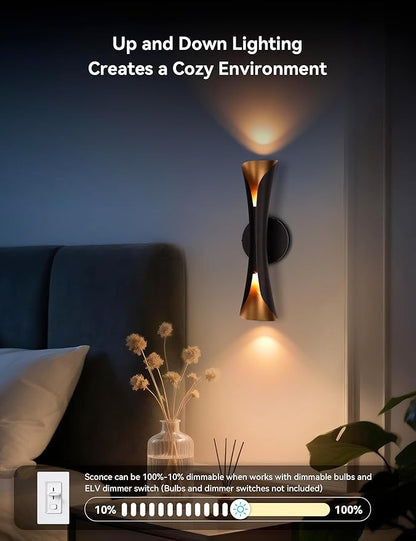 Tubicen Wall Sconces Up and Down Dimmable Black and Gold Movie Theater Sconce Lights Hardwired 15.7" H Modern Indoor Decorative Wall Lights for Living Room Bedroom Hallway Stairs