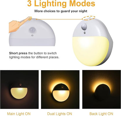 YUNLEX 2 Pack Motion Sensor Night Light, Gold Yellow, 3 Lighting Modes, Stepless Dimming, Battery-Powered, Dimmable LED, Suitable for Bedroom, Bathroom, Stairs, Corridors, Closets