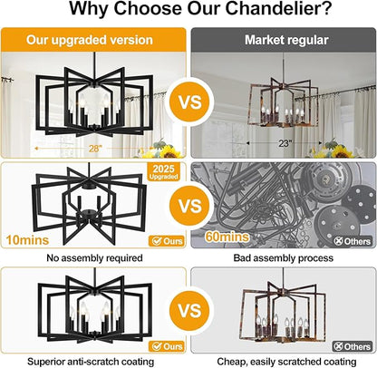 28" Modern Matte Black Chandelier for Dining Room, No Assembly Required Black Dining Room Light Fixture Over Table, Industrial Metal Hanging Pendant Lights Fixture for Kitchen Island, Entryway, Foyer