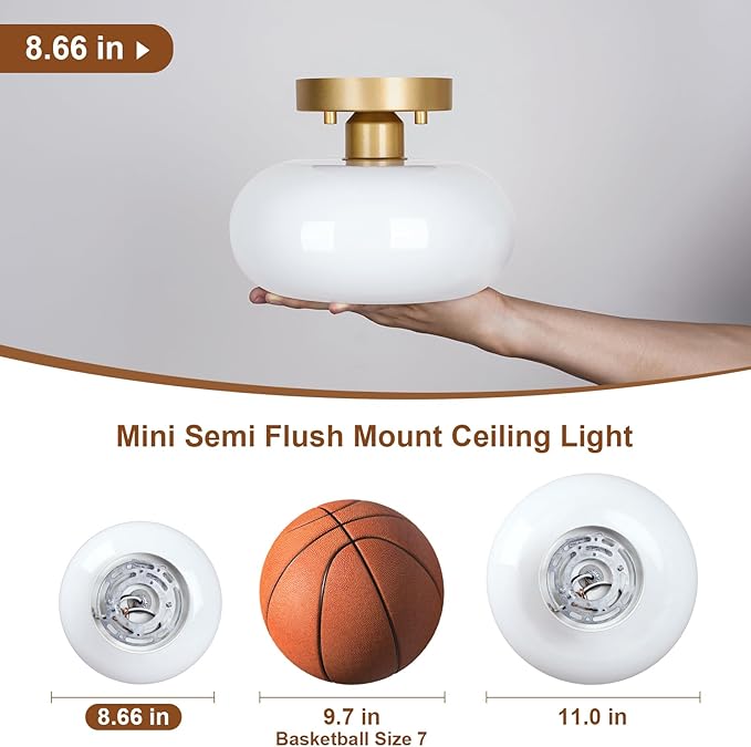 WOKNOS Mid-Century Modern Gold Semi Flush Mount Ceiling Light, Kitchen Ceiling Light Fixture with Glass Shade, Mini White Close to Ceiling Lamp for Entryway Hallway Bathroom (8.66 Inch)