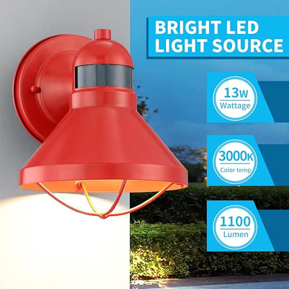 LONEDRUID Motion Sensor Outdoor LED Wall Sconce Dusk to Dawn Exterior Barn Lighting Fixtures Red Outside Porch Light Waterproof Farmhouse Wall Mount Lamp for House Garage Entryway
