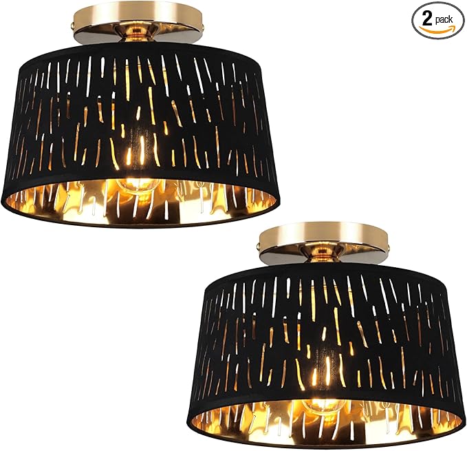 Modern Ceiling Light Fixture 2 Pack, 10 Inch Semi Flush Mount Lamp with Black Cut-Out Linen Shade, E26 Base, Gold for Kitchen Bedroom Hallway Closet Entryway Room Small Spaces