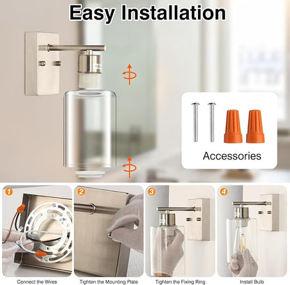 2-Pack Bathroom Wall Sconces, Brushed Nickel Vanity Lights, Modern Wall Light Fixture with Clear Glass Shade, Farmhouse Wall-Mount Lighting Lanterns, Wall Lamps for Mirror Living Room Bedroom Kitchen
