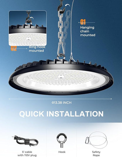 New Super Bright Ultra-Thin 200w High Bay Led Shop Lights| 30000LM 5000K UFO Led High Bay Light with 5ft Cable Hook Safe Rope| Shop&Garage Lighting Lights for Factory Workshop Warehouse Garage Barn