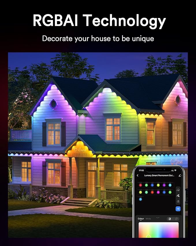 Lumary Permanent Outdoor Lights Pro 105ft with 80LED RGBAICW Smart Eave Light for Chirstmas, Work with Alexa Google IP67 Waterproof, Color Changing & White, Multi Scene for Daily Accent Lighting Decor