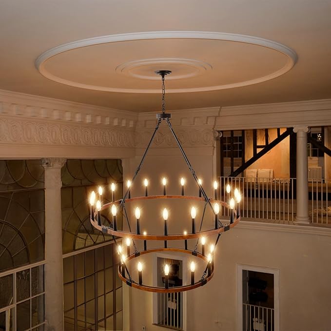 HHR 2 Tier 48'' Solid Wood Wagon Wheel Chandelier, 32-Light High Ceiling Island Lights Fixtures, Rustic Large Chandelier for Farmhouse Dining Room Bedroom Entryway Living Room Café E12