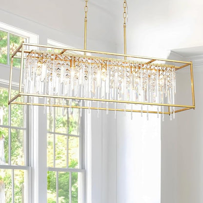 Modern Crystal Chandelier, Gold Rectangular Crystal Chandelier for Dining Room, 40" Top K9 Luxury Rectangle Farmhouse Light Fixture for Living Room, Kitchen Island L40xW12xH11