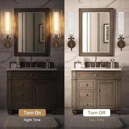 Bronze Wall Sconces, 19.5" Brushed Brass Knurled Bathroom Wall Sconces with Water Ripple Glass Shade, Dimmable Indoor Vanity Wall Light Fixtures for Living Room Hallway Bedroom Staircase