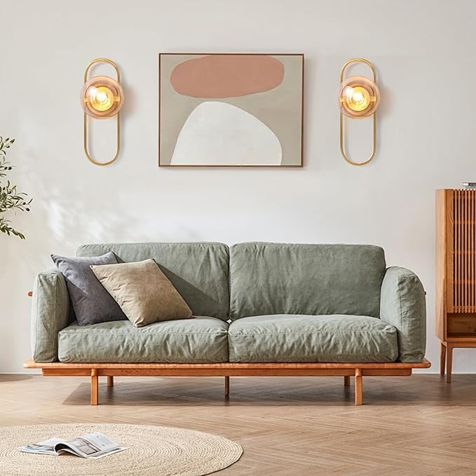 Gold Wall Lamp Sconces Set of 2 with Amber Globe Glass Shade - Wall Lights for Living Room & Bedrooms