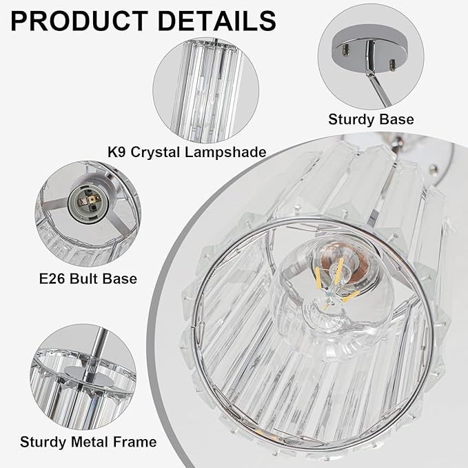 Chrome 2-Pack Modern Pendant Lights Mini Chandelier Kitchen Island Pendant Lights Hanging Light Fixtures Adjustable Crystal Chandelier Fixture for Island Dining Room Hallway Bedroom