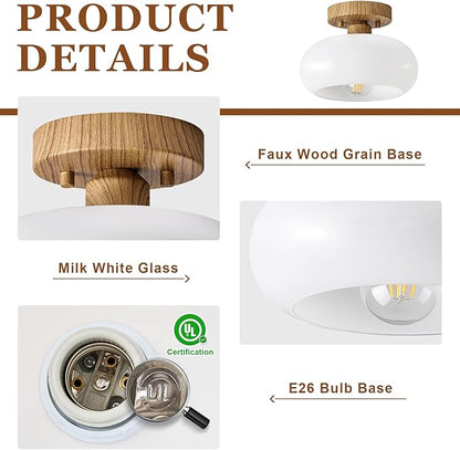 WOKNOS Mid-Century Modern Semi Flush Mount Ceiling Light, Faux Wood Kitchen Ceiling Light Fixture with Glass Shade, Vintage White Close to Ceiling Lamp for Entryway Hallway Bathroom (8.66 Inch)