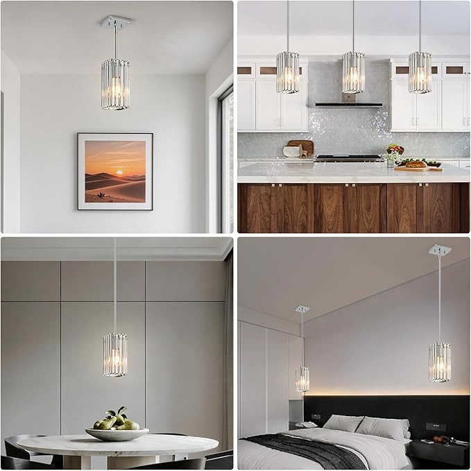 Modern Crystal Pendant Lights Kitchen Island, 2-Pack Chrome Hanging Light with Clear Crystal Shade, Adjustable Height Pendant Lighting for Kitchen Island Dining Room Bedroom Bar Entryway