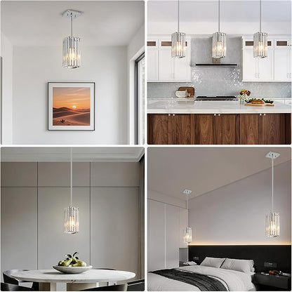 Modern Crystal Pendant Lights Kitchen Island, 2-Pack Chrome Hanging Light with Clear Crystal Shade, Adjustable Height Pendant Lighting for Kitchen Island Dining Room Bedroom Bar Entryway