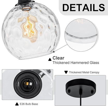 Glass Pendant Light Fixtures, Black Globe Pendant Lights Kitchen Island with 7.8" Clear Hammered Glass, Adjustable Hanging Farmhouse Kitchen Island Lighting For Bathroom Dining Room Sink 1 Pack