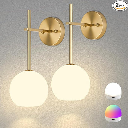 Gold Battery Operated Wall Sconces Set of 2, Rechargeable Wireless Wall Lights with Milky White Frosted Glass Shade, 12 RGB and 3CCT Dimmable, Wall Lamps with Remote for Bedroom Living Room Hallway