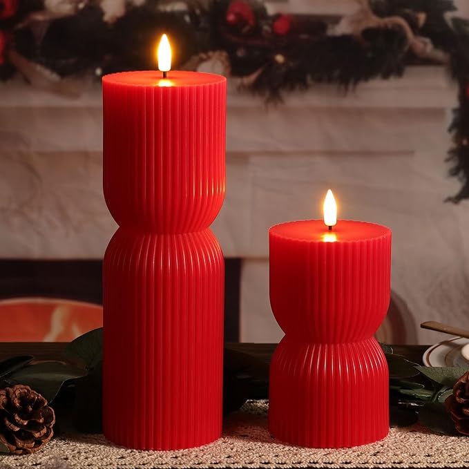 Red Ribbed Fluted Flameless Pillar Candles with Remote, Battery LED Wax Candles Flickering Home Aesthetics Decor Gift Set of 2