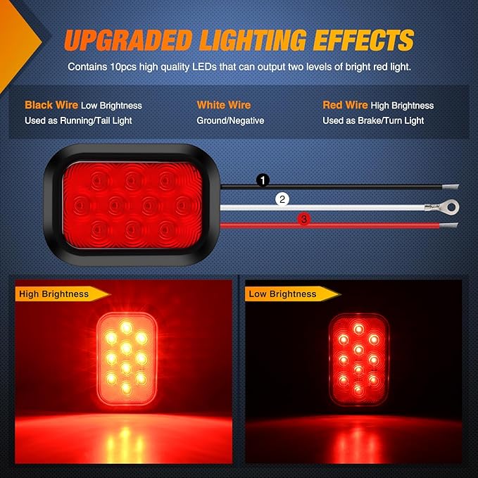Nilight 5” X 3” Rectangular Trailer Tail Light 2 PCS Red 10 LED Brake Stop Turn Marker Lights IP67 Waterproof w/Flush Mount Grommets Plugs for 12V Truck ATV UTV Bus RV Camper