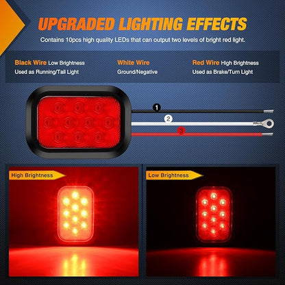 Nilight 5” X 3” Rectangular Trailer Tail Light 2 PCS Red 10 LED Brake Stop Turn Marker Lights IP67 Waterproof w/Flush Mount Grommets Plugs for 12V Truck ATV UTV Bus RV Camper