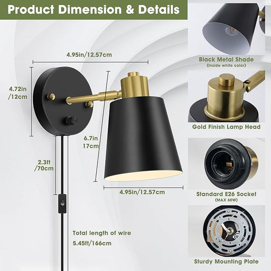 Lomoky Plug in Wall Sconces Set of 2, Dimmable Wall Lights with Plug in Cord and Dimmer On/Off Knob Switch, Adjustable Angle Black Wall Mounted Lamp for Bedside Bedroom Living Room (2 Bulbs Included)