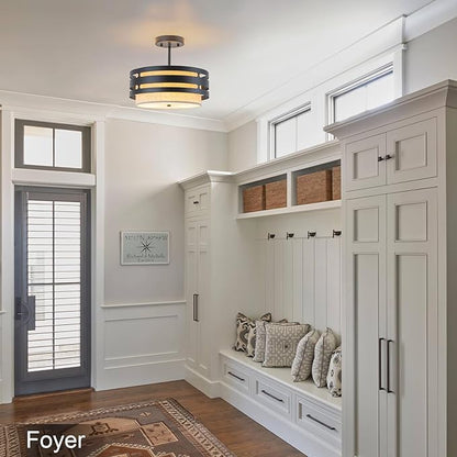 12.6” Drum Light Fixture Black Semi Flush Mount Ceiling Lights 3-Light Linen Boho Light Fixture Close to Ceiling Lighting for Bedroom Hallway Kitchen Entryway Foyer Dining Room Laundry Room