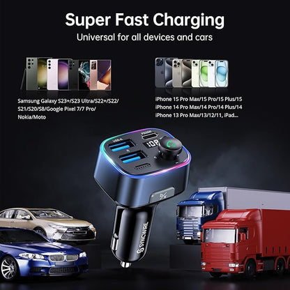 Syncwire Bluetooth 5.4 FM Transmitter Car Adapter 48W(PD 36W & 12W) [Light Switch] [Hi-Fi Deep Bass] [Fast Charging] Wireless Radio Music Adapter LED Display Hands-Free Calling Support USB Drive