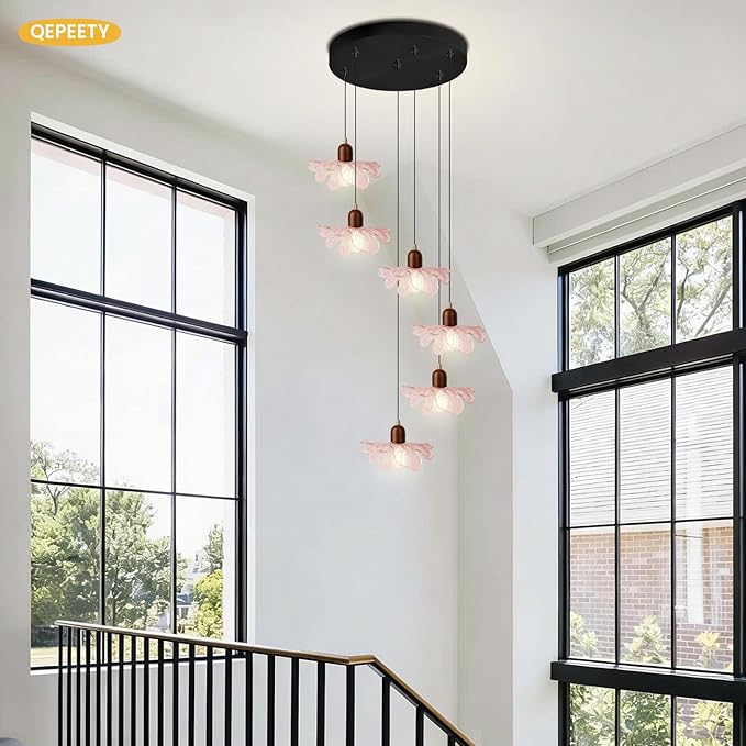 6-Light Pink Glass Flower Chandelier with Wood, Modern Adjustable Staircase Pendant Light, Mid Century Floral Hanging Ceiling Fixture for Living Room Dining Room Foyer Entryway