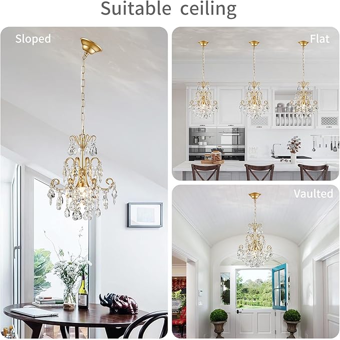 WUZUPS Crystal Chandelier 1-Light Pendant Ceiling Light Modern Lighting Fixture for Bedroom Hallway Bar Kitchen Bathroom, H 15.7" x W 13.8", E12 Base, Gold