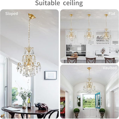 WUZUPS Crystal Chandelier 1-Light Pendant Ceiling Light Modern Lighting Fixture for Bedroom Hallway Bar Kitchen Bathroom, H 15.7" x W 13.8", E12 Base, Gold