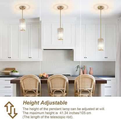 Gold Modern Crystal Pendant Lights Hanging Light Fixture, 2 Pack Pendant Lights Kitchen Island Adjustable Mini Pendant Lighting Fixtures for Kitchen Island Dining Room Hallway Bedroom