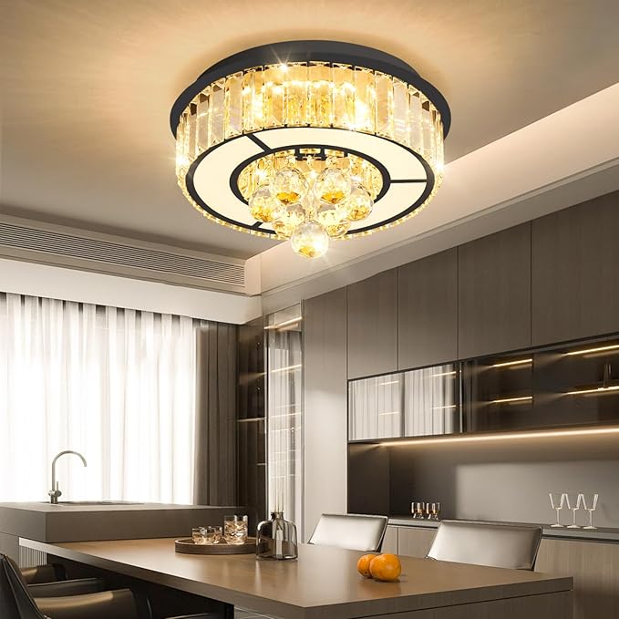 11.8" Black Modern Crystal Chandeliers for Dining Room LED Dimmable Light Fixtures Flush Mount Light Living Room Bedrooms
