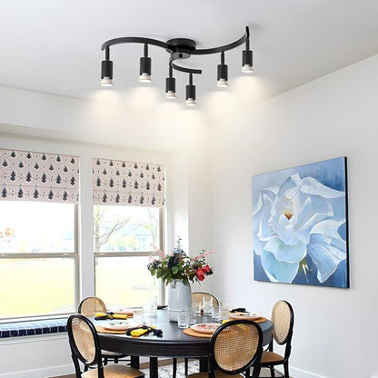 6 Light Track Lighting Fixtures Ceiling, Flexibly Rotatable Light Heads, Black Semi Flush Mount Ceiling Light for Kitchen Dining Room Living Room.Gu10 Bulb Base.