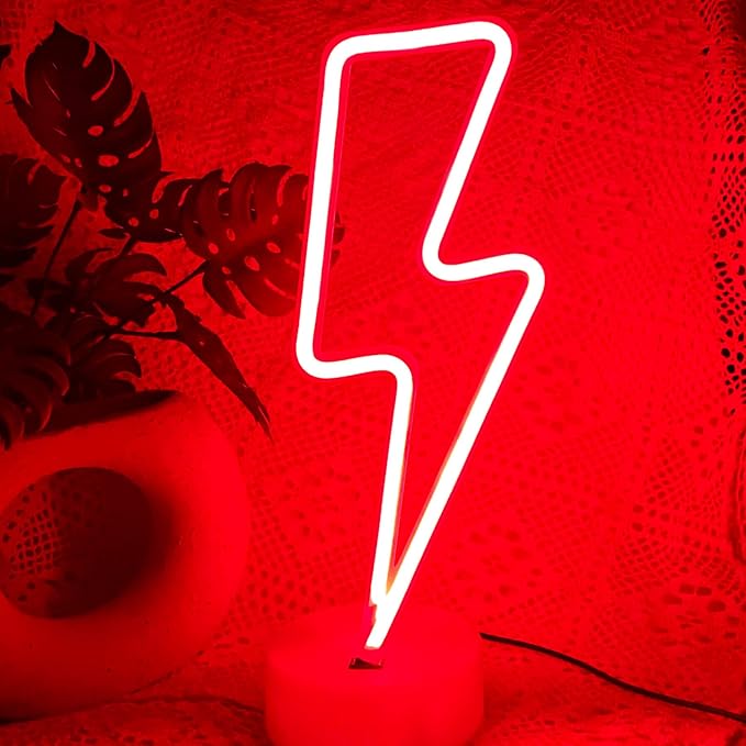 Lightning Bolt Neon Signs Red Lightning Neon Sign Light for Bedroom, USB/Battery Operated Thunder Lamp Neon Sign, Stand Lightning Shape LED Sign Decor for Shelf Desk Table Game Room Man Cave