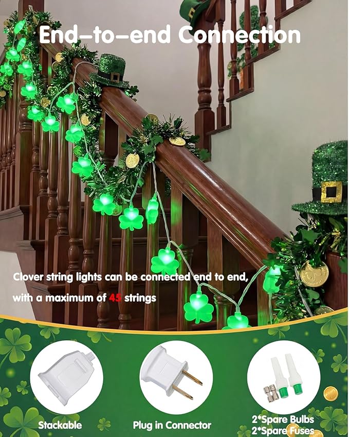 SUNSGNE St. Patrick's Day Lights Shamrocks Decorative String Light, Lucky Clover String Lights with 10 LED Green Fairy Bulbs for Indoor Outdoor St. Patrick's Party Holiday Decor, White Wire