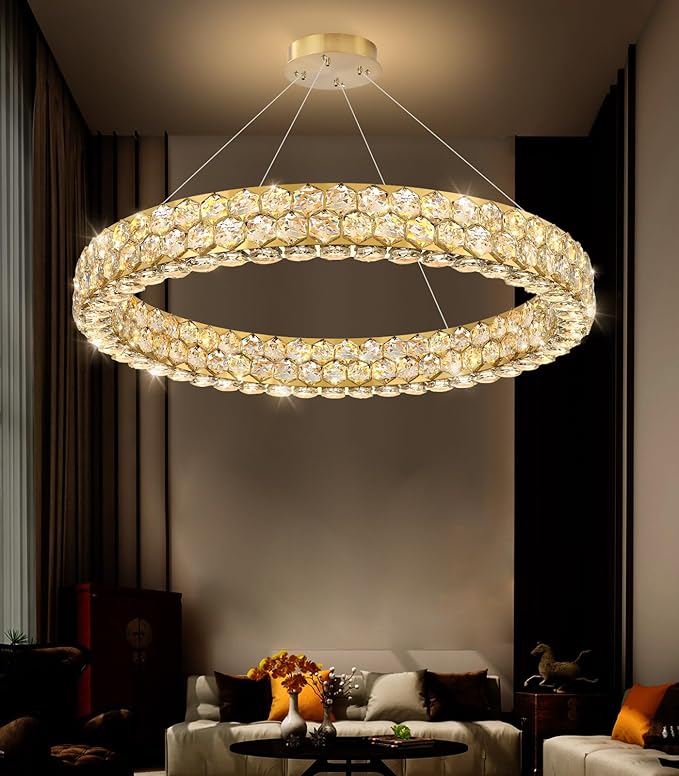 Modern Ring Chandelier, Crystal Chandeliers for Dining Room Round Ceiling Light Fixture for Living Room Bedroom Lighting LED Dimmable with Remote Ring Lights, 32inch Gold Light