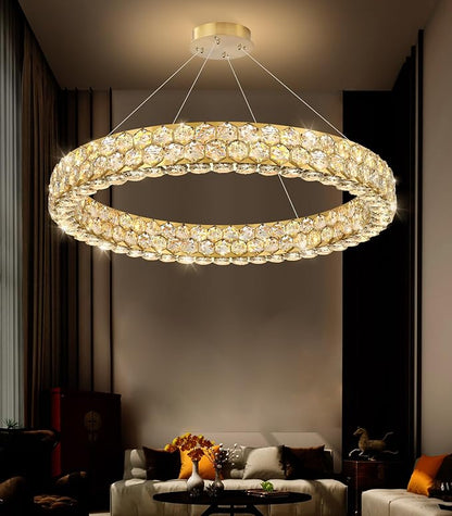 Modern Ring Chandelier, Crystal Chandeliers for Dining Room Round Ceiling Light Fixture for Living Room Bedroom Lighting LED Dimmable with Remote Ring Lights, 32inch Gold Light