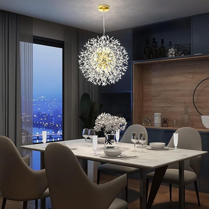 Qamra Modern Crystal Gold Chandeliers, Firework Dandelion Sputnik Chandelier Light Fixture Pendant Lighting for Dining Room, Bedroom, Kitchen, Living Room(12-Light, Gold)