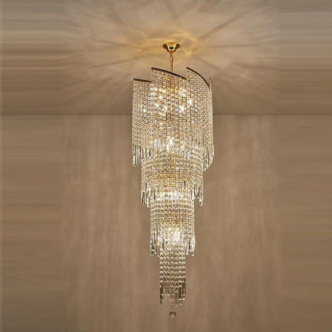 Modern Crystal Chandelier Gold Spiral Chandeliers for Dining Room, 4 Tiers Ceiling Pendant Light Fixtures, Golden Large Raindrop Chandelier for Foyer Living Room Entryway Staircase, H62 x D21.6