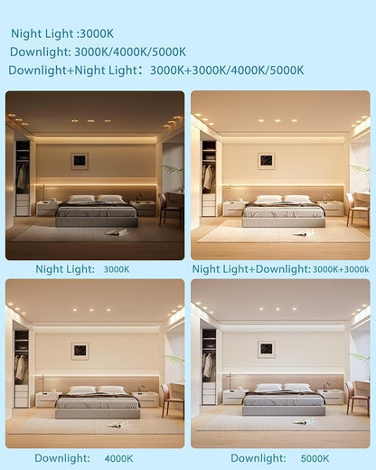Lightdot 6" LED Recessed Lighting w/Night Light, Triac Dimmable, 12W 3000K/4000K/5000K Adjustable, Memory, CRI＞90, Retrofit, Gray w/Clear Acrylic Trim - 6 Pack