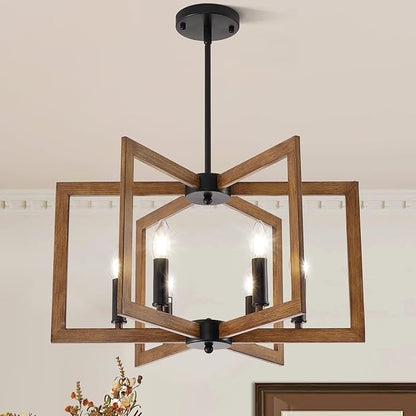 21.6" Farmhouse Chandelier, 6-Light Modern Geometric Dining Room Chandelier, Rustic Foyer Lighting Fixtures, Wood Grain Pendant Lights for Living Room, Dining Room, Bedroom, Kitchen Island, Entryway