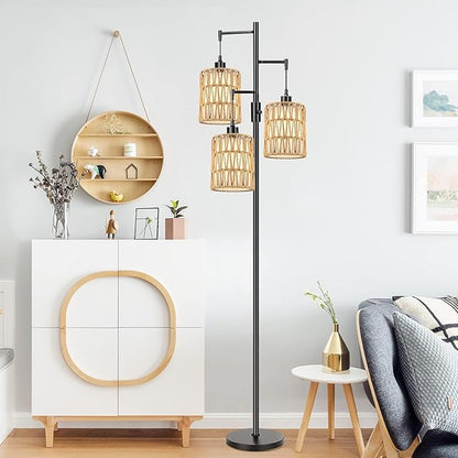 ZECOXOL Boho Floor Lamp for Living Room Bedroom-3 Light Dimmable Floor Lamp with Three Led Bulb, Rustic Tall Lamp Black Standing Lamp Tree Floor Lamps for Living Room Bedroom,Office,Corner
