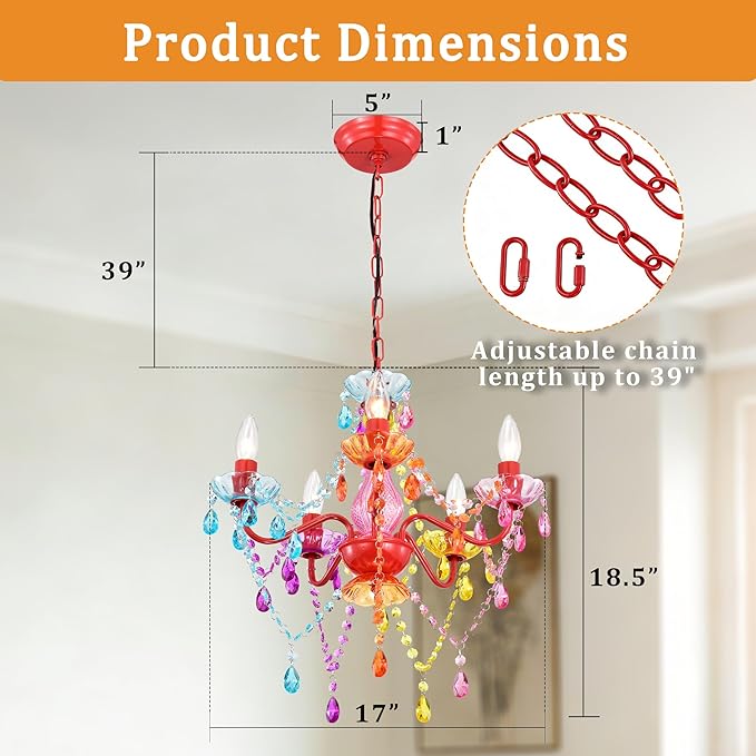 Colorful Small Crystal Chandelier for Girls Bedroom, 5-Light Acrylic Chandelier Lighting Fixture, Kids Room Nursery Ceiling Light for Closet, Playroom, Bathroom, Entryway