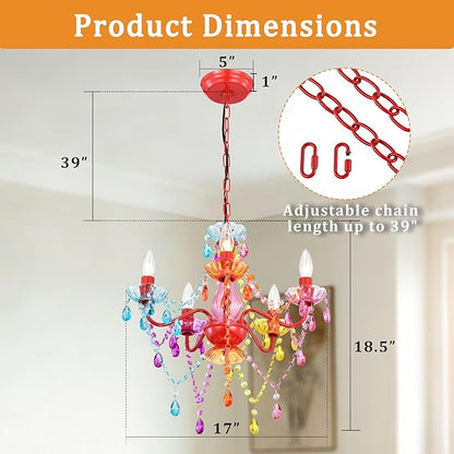 Colorful Small Crystal Chandelier for Girls Bedroom, 5-Light Acrylic Chandelier Lighting Fixture, Kids Room Nursery Ceiling Light for Closet, Playroom, Bathroom, Entryway
