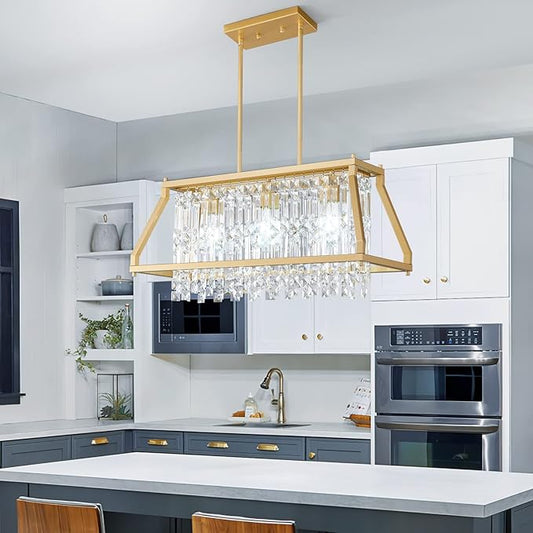 LMQNINE Chandeliers for Dining Room, 3-Light Trapezoidal Industrial Dining Room Light Fixture Farmhouse Chandelier Crystal Pendant Lights Kitchen Island Living Room (Gold 25.98 inch)