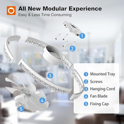 addlon Ceiling Fans with Lights and Remote, 24'' Low Profile Flush Mount Ceiling Fan, 3000–6000K Dimmable LED Fandelier, Bladeless Crystal Fan Light for Bedroom, Kitchen, Living Room, White