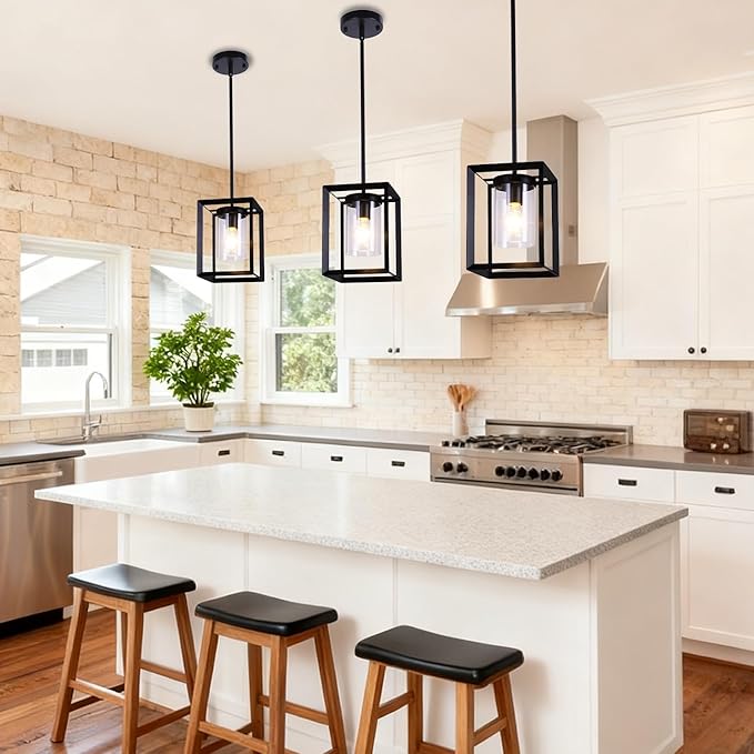 3 Pack Black Pendant Lights for Kitchen Island, Farmhouse 1-Light Iron Cage Metal Hanging Light with Clear Glass Shade, Industrial Lighting Fixtures for Living Room Bedroom Hallway Foyer