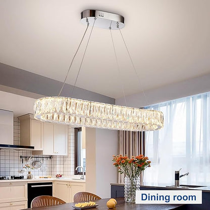 Depuley Crystal Chandeliers for Dining Room: 27.5 Inch Modern Linear Chandelier Contemporary Rectangle Pendant Light Fixture for Kitchen Island Bar Over Table with Remote Control