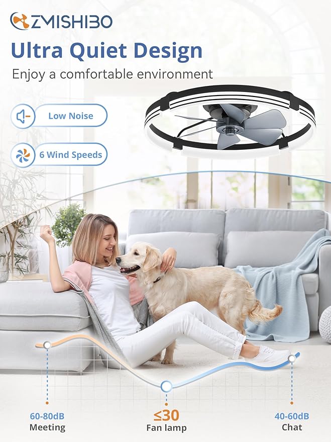 ZMISHIBO 24 Inch Low Profile Ceiling Fans with Lights and Remote, 3000K-6000K Dimmable Fandelier LED Fan Light, Flush Mount Ceiling Fan with Light, 6 Wind Speeds Ceiling Fans for Bedroom- Black