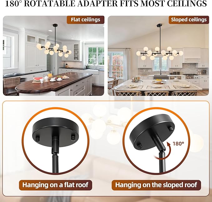 16-Light Mid Century Modern Chandelier: 39.4" Black Linear Sputnik Chandeliers - Milk White Glass Globe Dining Room Light Fixture - Long Modern Pendant Chandelier for Living Room Kitchen Island Table