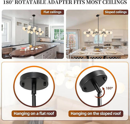 16-Light Mid Century Modern Chandelier: 39.4" Black Linear Sputnik Chandeliers - Milk White Glass Globe Dining Room Light Fixture - Long Modern Pendant Chandelier for Living Room Kitchen Island Table